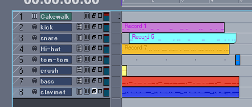 「Kick」「snare」「Hi-hat」「tom-tom」「Crush」「bass」「clavinet」の打ち込み(録音)が終了しました.