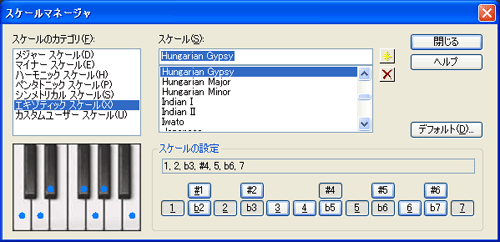 【スケールのカテゴリ(F)】から【エキゾティック スケール(X)】を選択し【スケール(S)】から【Hungarian Gypsy】を選択します.