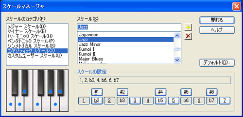 【スケールのカテゴリ(F)】から【エキゾティック スケール(X)】を選択し【スケール(S)】から【Jazz】を選択します.