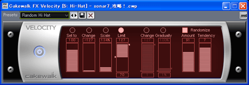 【Cakewalk FX Velocity】ウインドウが開きますので、プリセットから【Random Hi Hat】を選択します.