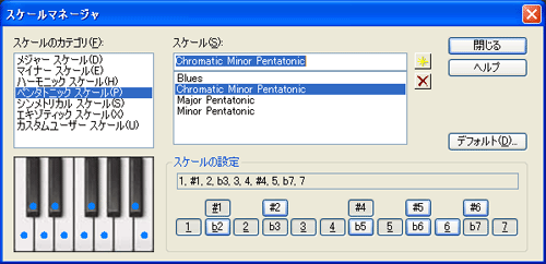 【スケールのカテゴリ(F)】から【ペンタトニック スケール(P)】を選択し【スケール(S)】から【Chromatic Minor Pentatonic】を選択します.