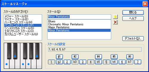 【スケールのカテゴリ(F)】から【ペンタトニック スケール(P)】を選択し【スケール(S)】から【Minor Pentatonic】を選択します.